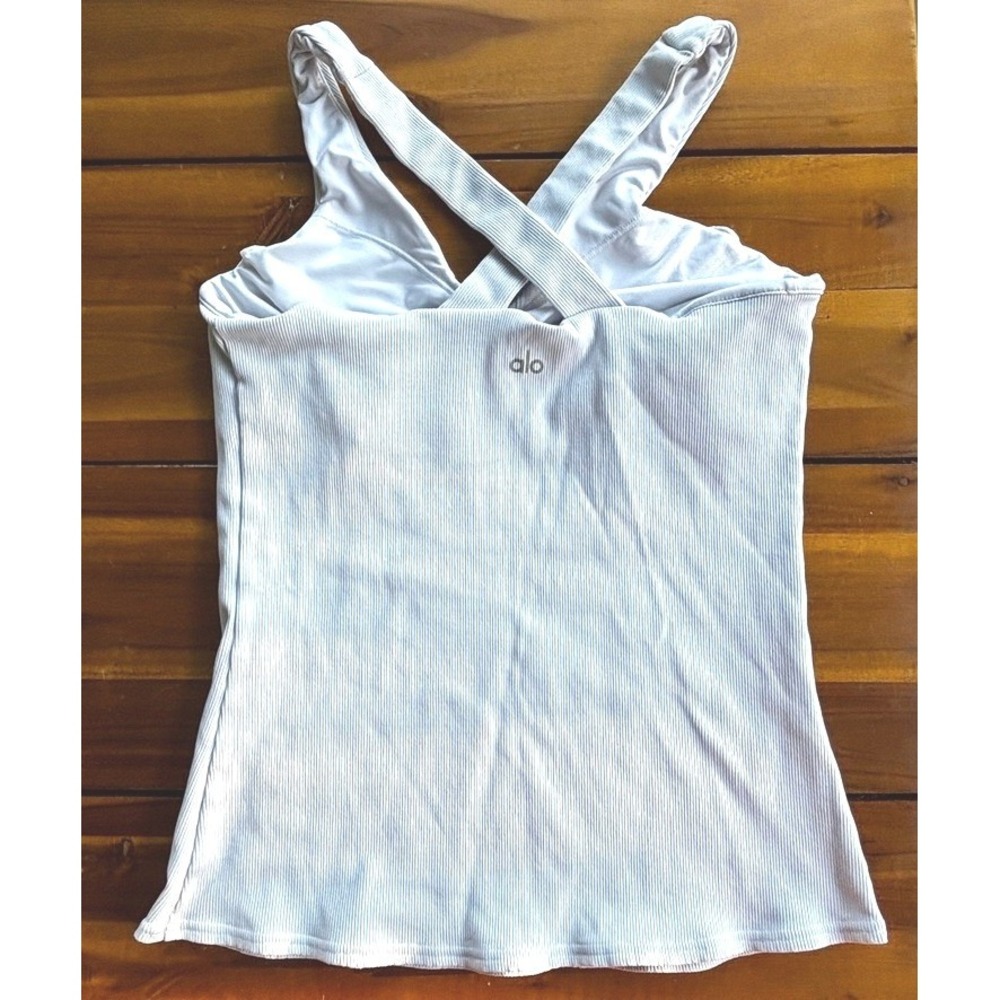 Alo Yoga Elevate Rib Tank White L Criss Cross Built In Bra Workout Top, Large - Picture 5 of 8